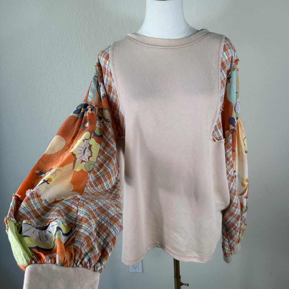Easel Mixed Media Top Womens L Tan Patchwork Floral Plaid Balloon Sleeve Blouse